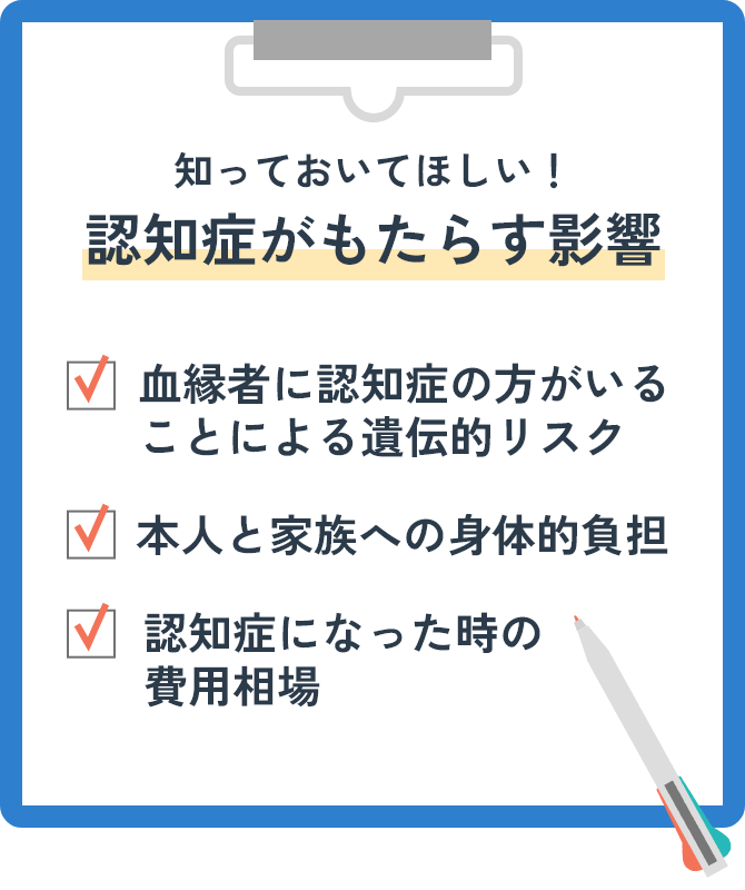 知っておいてほしい!認知症がもたらす影響 血縁者に認知症の方がいることによる遺伝的リスク/本人と家族への身体的負担/認知症になった時の費用相場